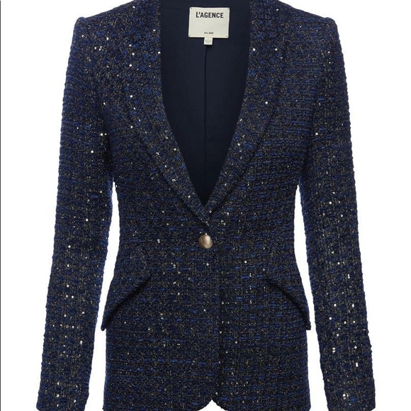 NWT L'Agence Chamberlain Sequin Tweed Blazer Jackrt In Navy - Picture 9 of 15